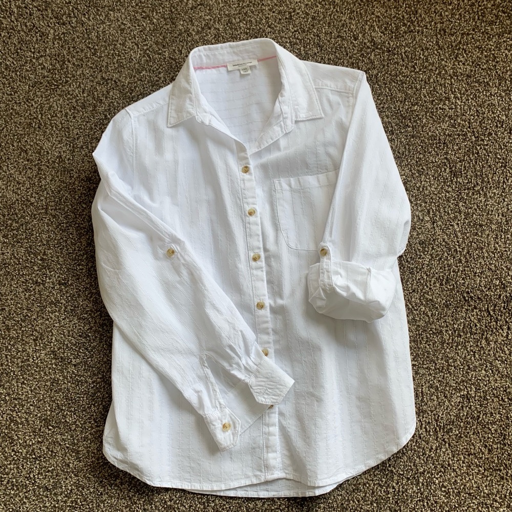 Beachlunchlounge White 3/4 Sleeve Rollup Button Down Casual Texture Dress Shirt